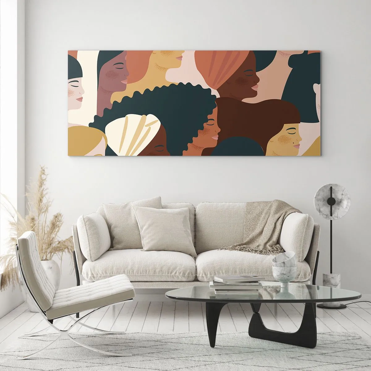 Cuadro sobre vidrio - Impresiones sobre Vidrio - Perfiles coloridos de mujeres en diversos estilos. - 160x50cm - La feminidad - Decoración de pared moderna para salón y dormitorio ARTTOR