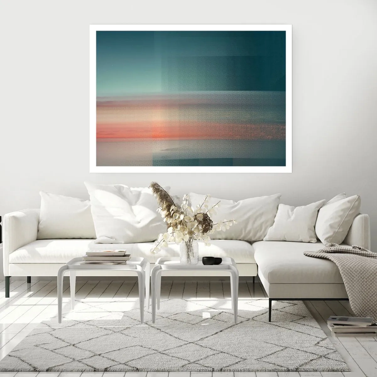 Póster - Una puesta de sol en tonos pastel sobre un horizonte tranquilo. - 100x70cm - Abstracción: ondas de luz - Decoración de pared moderna para salón y dormitorio ARTTOR