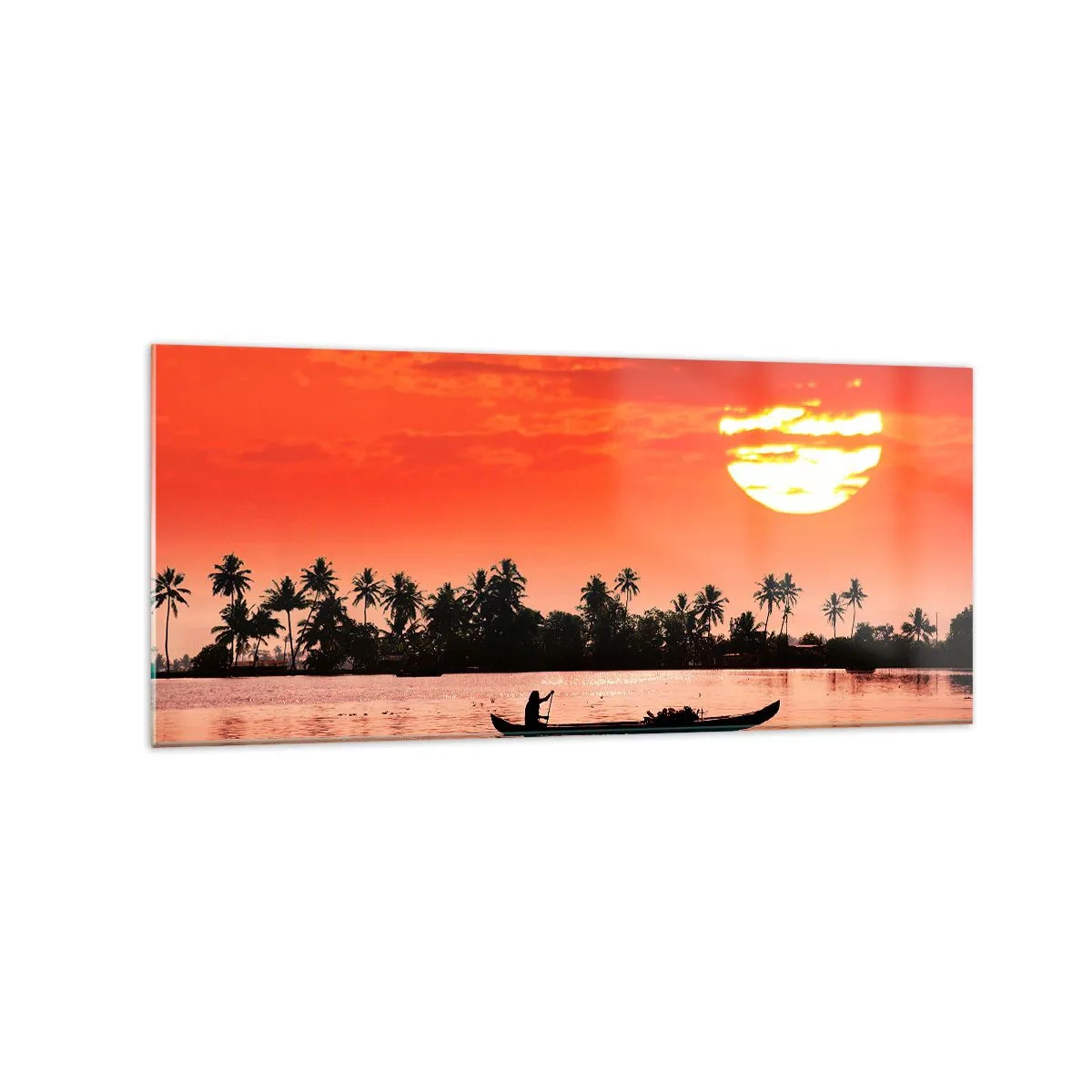 Cuadro sobre vidrio - Impresiones sobre Vidrio - Atardecer tropical con un barco y palmeras al fondo - 120x50cm - La paz de los trópicos al atardecer - Decoración de pared moderna para salón y dormitorio ARTTOR