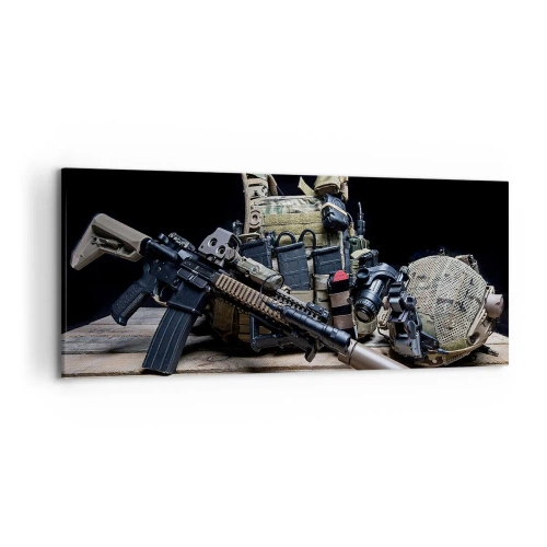 Cuadro sobre lienzo - Impresión de Imagen - Equipo táctico con un rifle sobre una mesa de madera. - 120x50cm - ¡Descansen! - Decoración de pared moderna para salón y dormitorio ARTTOR