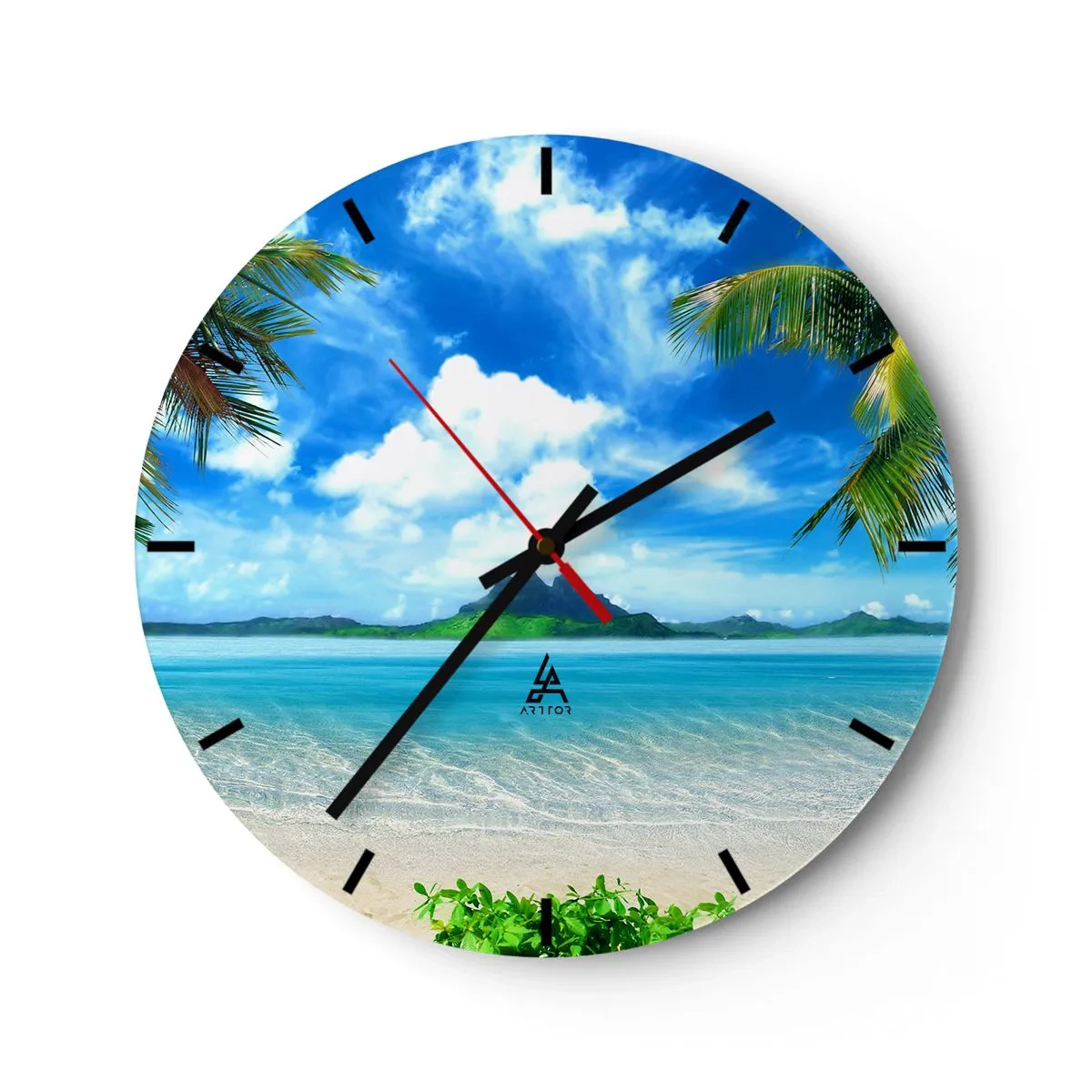 Reloj de pared - Reloj de vidrio - Una playa exótica con palmeras y mar azul. - 30x30cm - El azul de los trópicos - Decoración de pared moderna para salón, cocina y dormitorio ARTTOR