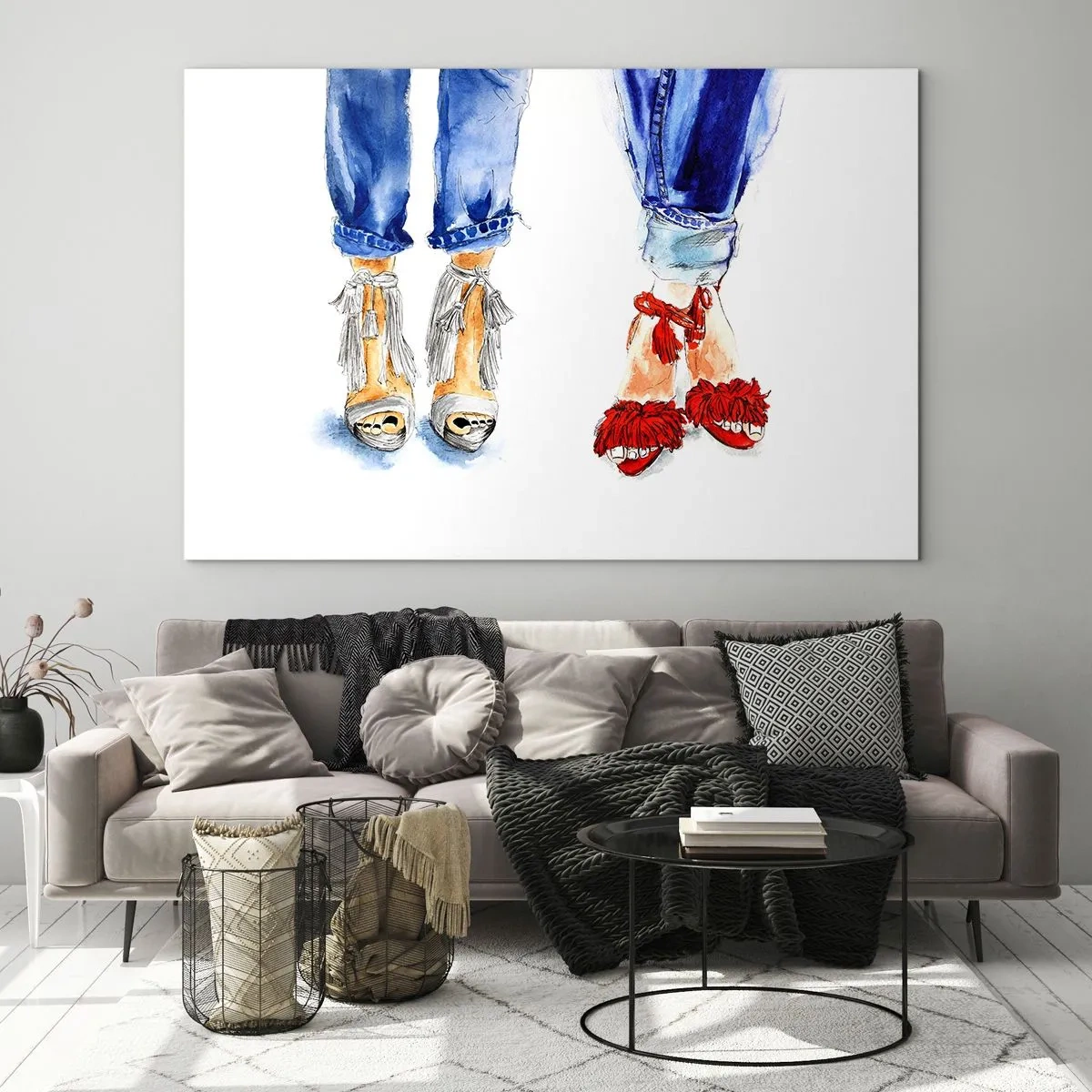 Cuadro sobre vidrio - Impresiones sobre Vidrio - Dos zapatos elegantes sobre un fondo de jeans. - 70x50cm - ¿Por qué no vamos a dar un paseo? - Decoración de pared moderna para salón y dormitorio ARTTOR