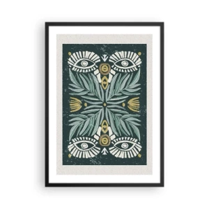 Póster en marco negro - Patrón simétrico con hojas y ojos sobre un fondo oscuro. - 50x70cm - Como un recorte folclórico - Decoración de pared moderna para salón y dormitorio ARTTOR