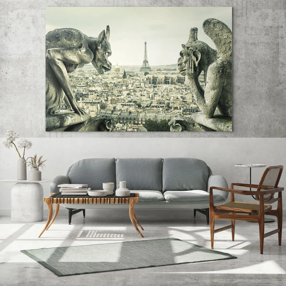Cuadro sobre vidrio - Impresiones sobre Vidrio - Gárgolas sobre París con vistas a la Torre Eiffel - 70x50cm - Charlas parisinas - Decoración de pared moderna para salón y dormitorio ARTTOR