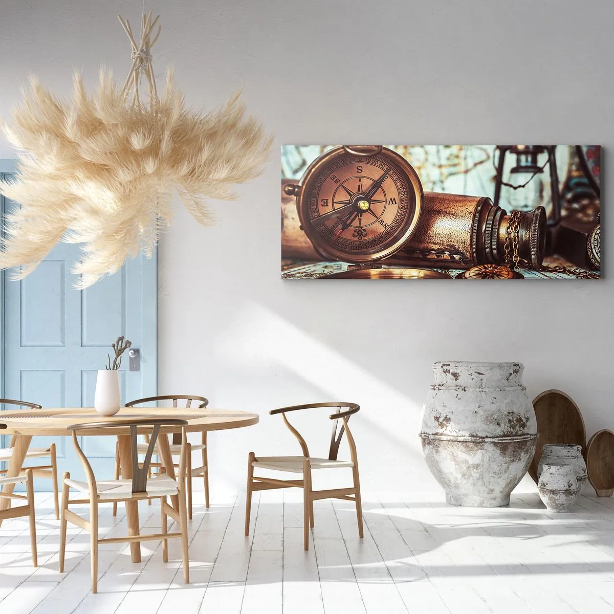 Cuadro sobre lienzo - Impresión de Imagen - Un conjunto retro con brújula, telescopio y mapa con temática de viajes. - 160x50cm - Te espera una aventura pirata en el Caribe - Decoración de pared moderna para salón y dormitorio ARTTOR