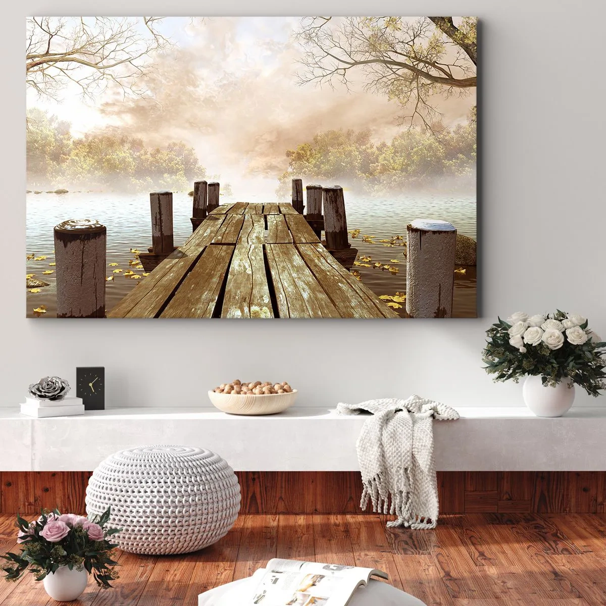Cuadro sobre lienzo - Impresión de Imagen - Un muelle de madera que conduce a un lago tranquilo en la niebla de la mañana. - 70x50cm - La leve tristeza del otoño - Decoración de pared moderna para salón y dormitorio ARTTOR