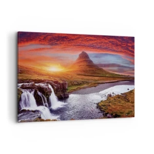 Cuadro sobre lienzo - Impresión de Imagen - Paisaje de montaña con cascada al atardecer. - 100x70cm - Una vista de la Tierra Media - Decoración de pared moderna para salón y dormitorio ARTTOR