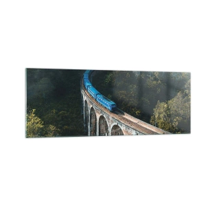 Cuadro sobre vidrio - Impresiones sobre Vidrio - Un tren azul en un viaducto histórico entre los bosques. - 140x50cm - Vías sobre la naturaleza - Decoración de pared moderna para salón y dormitorio ARTTOR