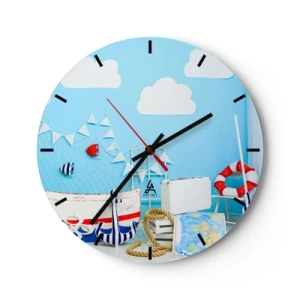 Reloj de pared - Reloj de vidrio - Tema náutico con fondo azul. - 30x30cm - El ansia de aventura de un niño - Decoración de pared moderna para salón, cocina y dormitorio ARTTOR