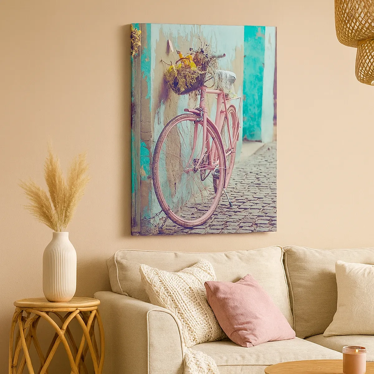 Cuadro sobre lienzo - Impresión de Imagen - Una bicicleta rosa junto a una puerta turquesa. - 50x70cm - Ahora mismo vuelvo - Decoración de pared moderna para salón y dormitorio ARTTOR