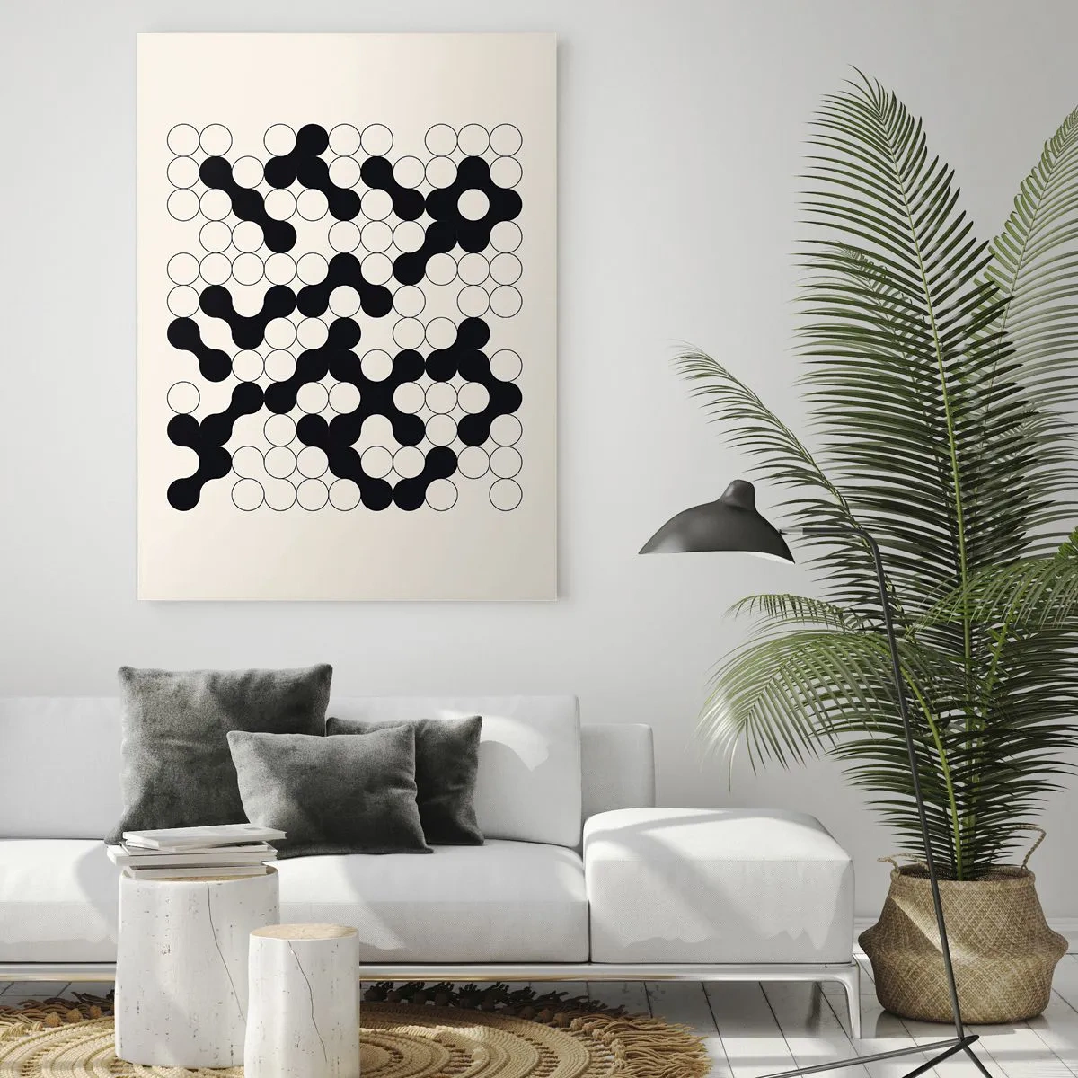 Cuadro sobre vidrio - Impresiones sobre Vidrio - Un mosaico gráfico en blanco y negro compuesto por puntos conectados. - 50x70cm - Juego chino - una variación - Decoración de pared moderna para salón y dormitorio ARTTOR
