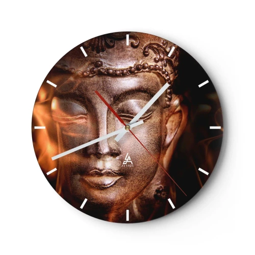Reloj de pared - Reloj de vidrio - Una escultura de Buda dorada con una luz suave de fondo. - 30x30cm - Solo existe el aquí y el ahora - Decoración de pared moderna para salón, cocina y dormitorio ARTTOR