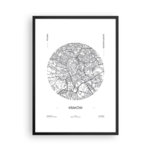 Póster en marco negro - Un mapa minimalista de Cracovia en un círculo. - 50x70cm - Anatomía de Cracovia - Decoración de pared moderna para salón y dormitorio ARTTOR