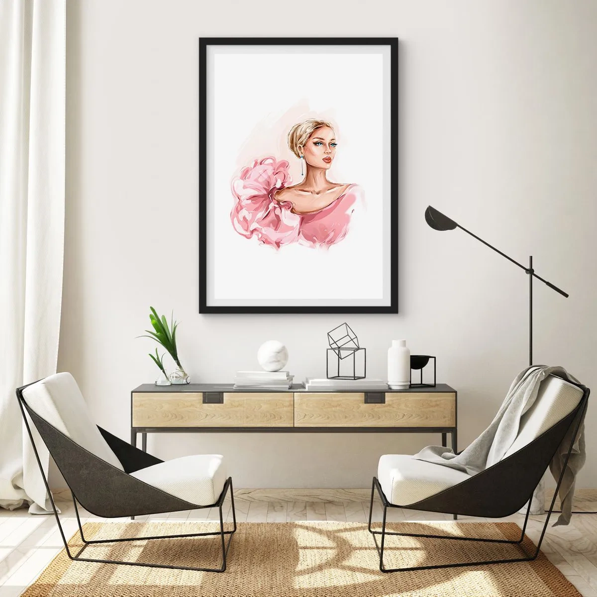 Póster en marco negro - Mujer elegante con un vestido rosa - 50x70cm - Recuérdame como una pintura... - Decoración de pared moderna para salón y dormitorio ARTTOR