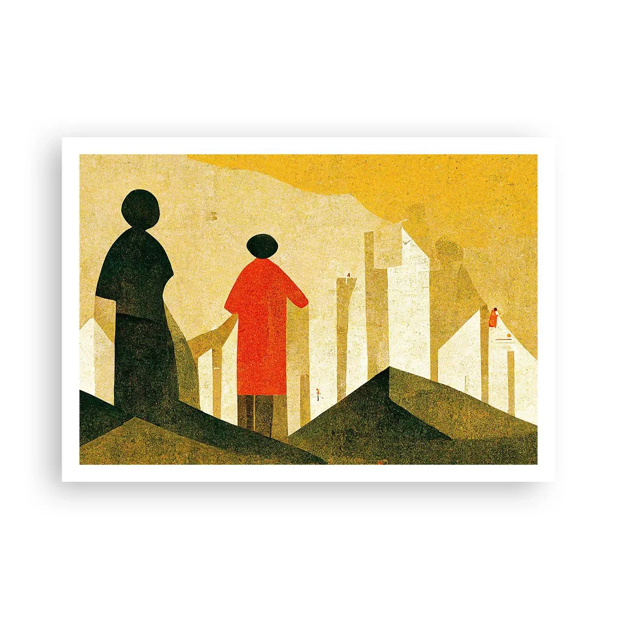 Póster - Siluetas geométricas en rojo y verde sobre un fondo amarillo. - 100x70cm - Todavía lejos del destino - Decoración de pared moderna para salón y dormitorio ARTTOR