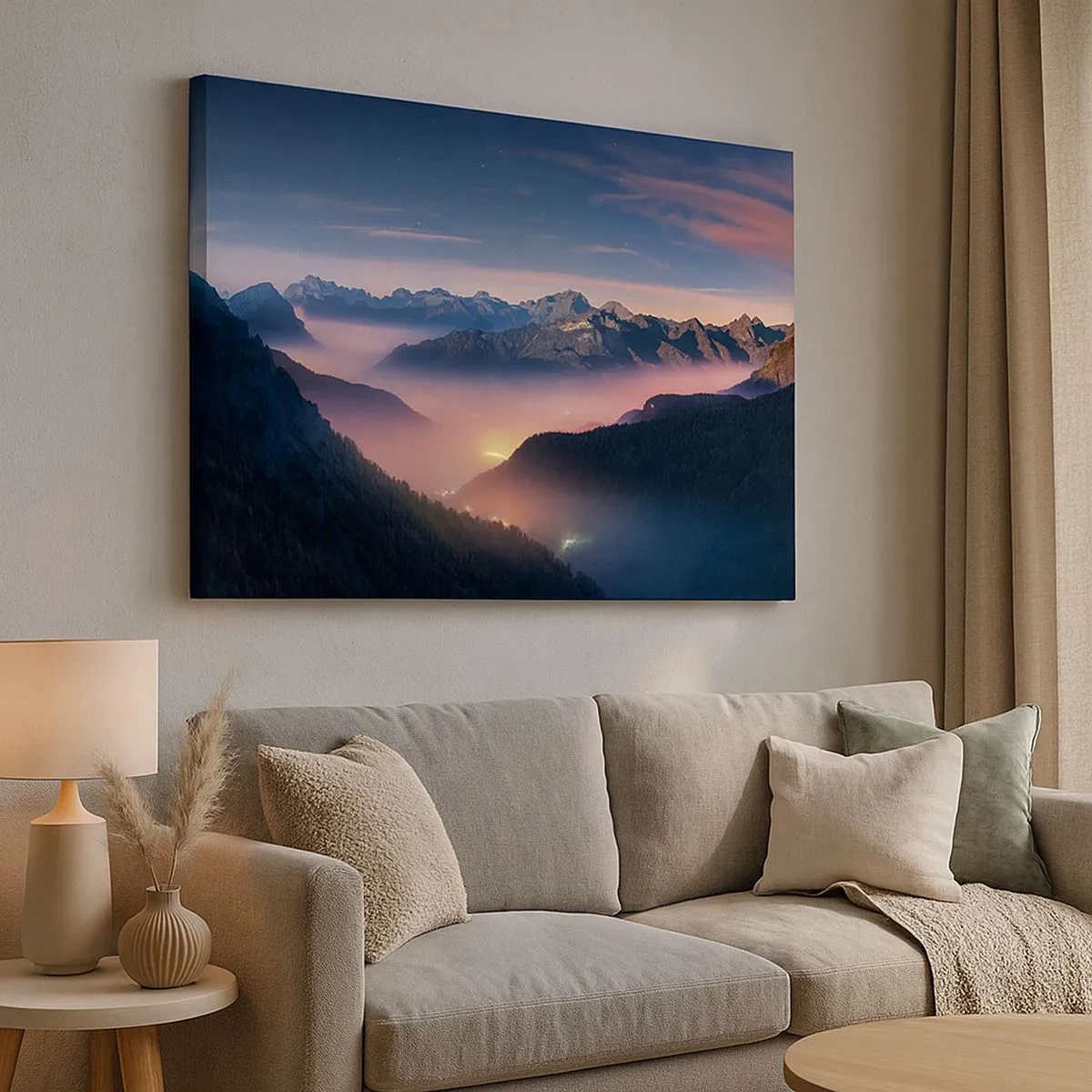 Cuadro sobre lienzo - Impresión de Imagen - Un paisaje de montaña con un valle lleno de niebla. - 70x50cm - Luz en los valles - Decoración de pared moderna para salón y dormitorio ARTTOR
