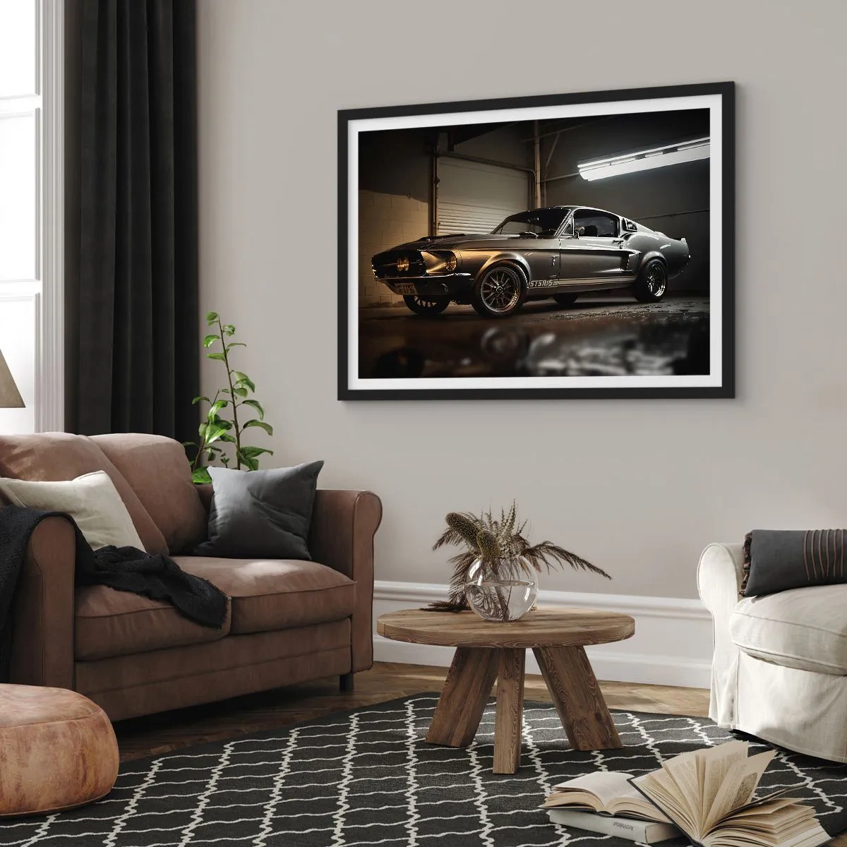 Póster en marco negro - Coche clásico en garaje retro - 100x70cm - Un retorno al pasado - Decoración de pared moderna para salón y dormitorio ARTTOR