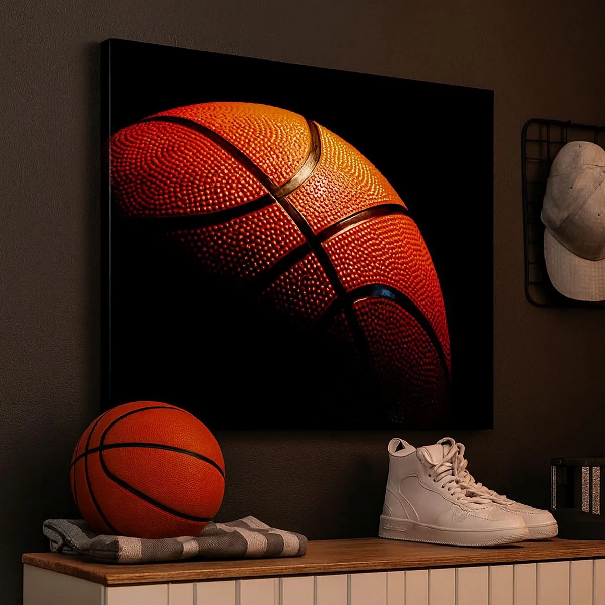 Cuadro sobre lienzo - Impresión de Imagen - Primer plano de una pelota de baloncesto sobre un fondo negro - 70x50cm - Hermoso como un planeta - Decoración de pared moderna para salón y dormitorio ARTTOR