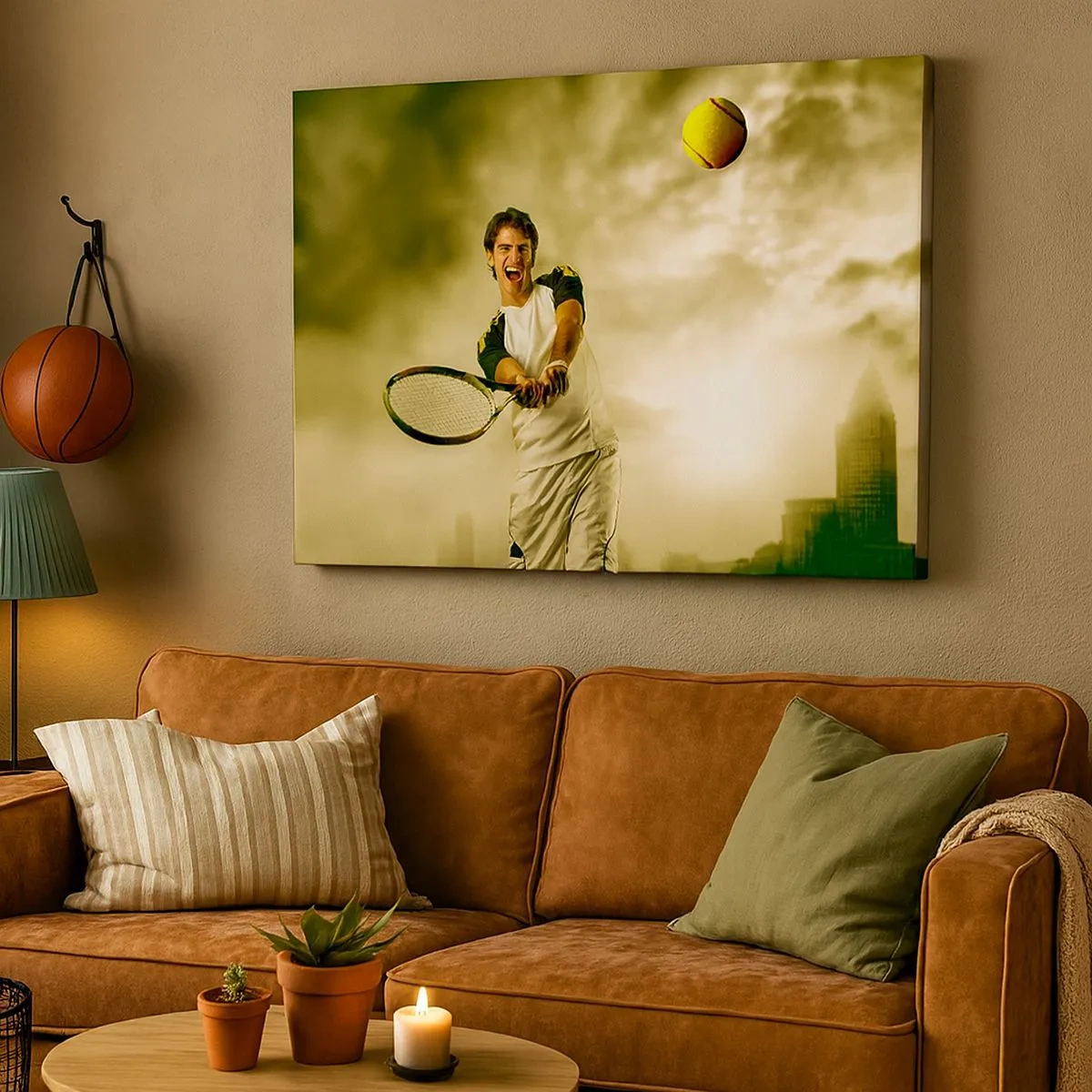 Cuadro sobre lienzo - Impresión de Imagen - Jugador de tenis en acción durante un partido con el telón de fondo de un paisaje urbano. - 70x50cm - Energía y alegría - Decoración de pared moderna para salón y dormitorio ARTTOR