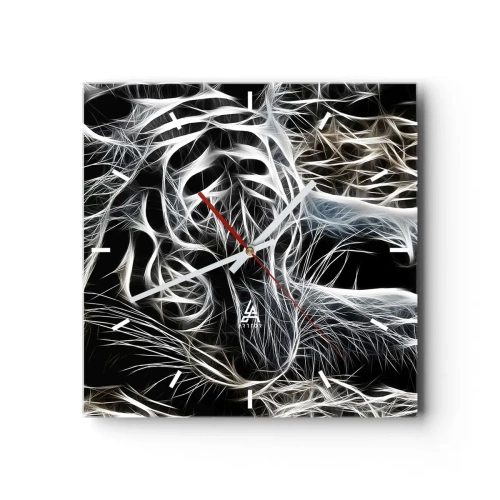 Reloj de pared - Reloj de vidrio - Un patrón abstracto que representa la silueta de un gato sobre un fondo negro. - 30x30cm - Un estudio sobre la ligereza felina - Decoración de pared moderna para salón y dormitorio ARTTOR