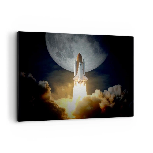 Cuadro sobre lienzo - Impresión de Imagen - Un cohete despegando con el telón de fondo de una luna llena rodeada de nubes dinámicas. - 100x70cm - El comienzo de una aventura sobrenatural - Decoración de pared moderna para salón y dormitorio ARTTOR