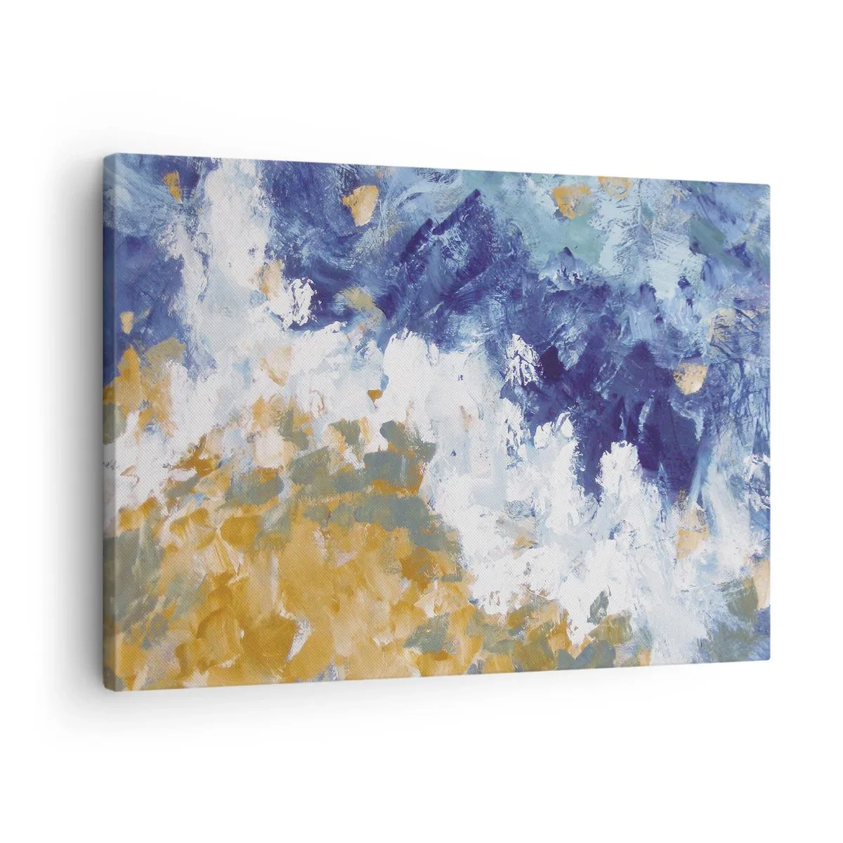 Cuadro sobre lienzo - Impresión de Imagen - Abstracción en tonos azules, blancos y dorados. - 70x50cm - Danza de los elementos - Decoración de pared moderna para salón y dormitorio ARTTOR