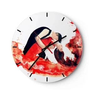 Reloj de pared - Reloj de vidrio - Una pareja bailando con colores artísticos rojos. - 30x30cm - El tango: una ola sensual - Decoración de pared moderna para salón, cocina y dormitorio ARTTOR