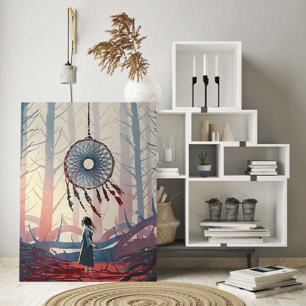 Cuadro sobre vidrio - Impresiones sobre Vidrio - Una figura en el bosque mira un gran atrapasueños que flota en el aire. - 50x70cm - El ritual secreto de la felicidad - Decoración de pared moderna para salón y dormitorio ARTTOR