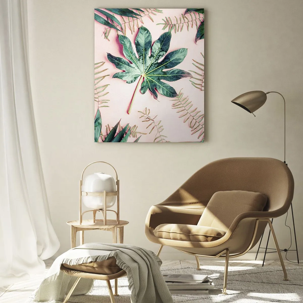 Cuadro sobre vidrio - Impresiones sobre Vidrio - Hojas tropicales sobre un fondo pastel. - 50x70cm - Estudio de vegetación sobre fondo rosa - Decoración de pared moderna para salón y dormitorio ARTTOR
