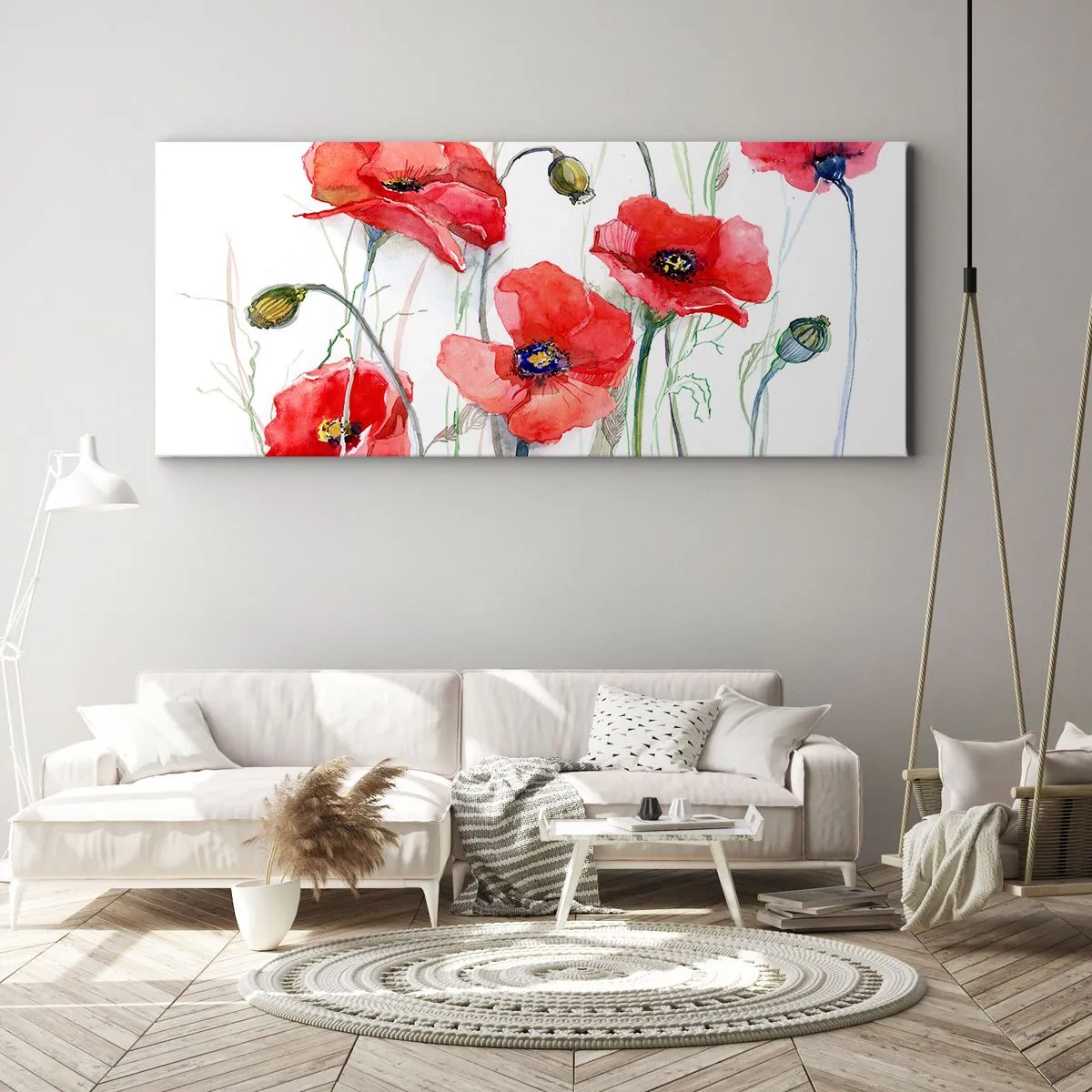 Cuadro sobre lienzo - Impresión de Imagen - Amapolas de acuarela sobre un fondo delicado - 140x50cm - Flores polacas - Decoración de pared moderna para salón y dormitorio ARTTOR
