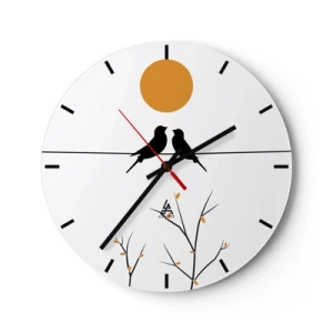 Reloj de pared - Reloj de vidrio - Dos pájaros en una rama bajo un sol naranja. - 30x30cm - Noche de ruiseñores - Decoración de pared moderna para salón, cocina y dormitorio ARTTOR