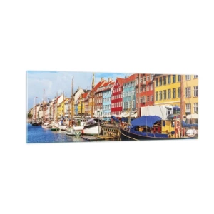 Cuadro sobre vidrio - Impresiones sobre Vidrio - Casas coloridas en el canal con barcos al sol - 140x50cm - Muelle alegre - Decoración de pared moderna para salón y dormitorio ARTTOR