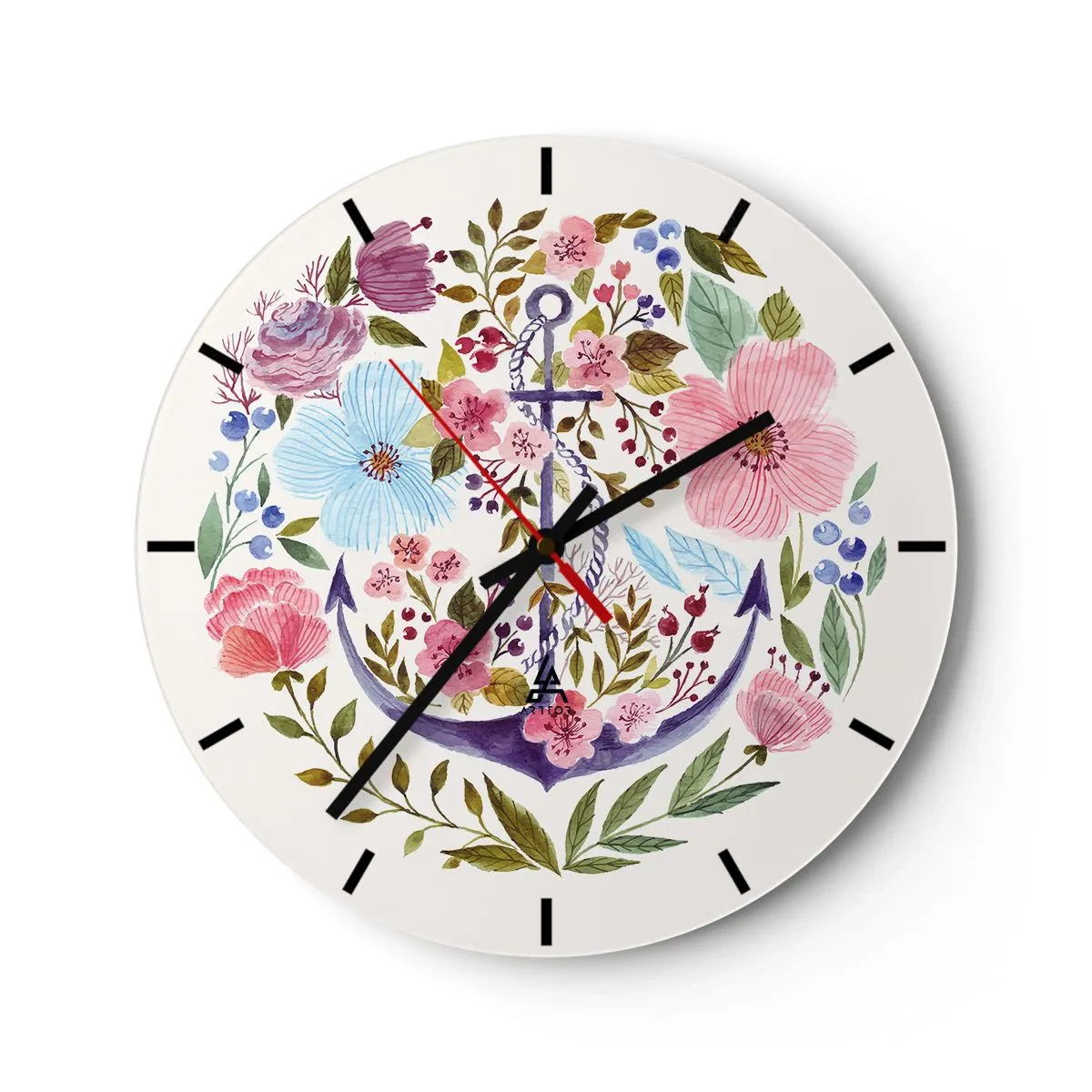 Reloj de pared - Reloj de vidrio - Un ancla morada rodeada de flores de colores. - 30x30cm - El sueño reparador de un marinero - Decoración de pared moderna para salón, cocina y dormitorio ARTTOR