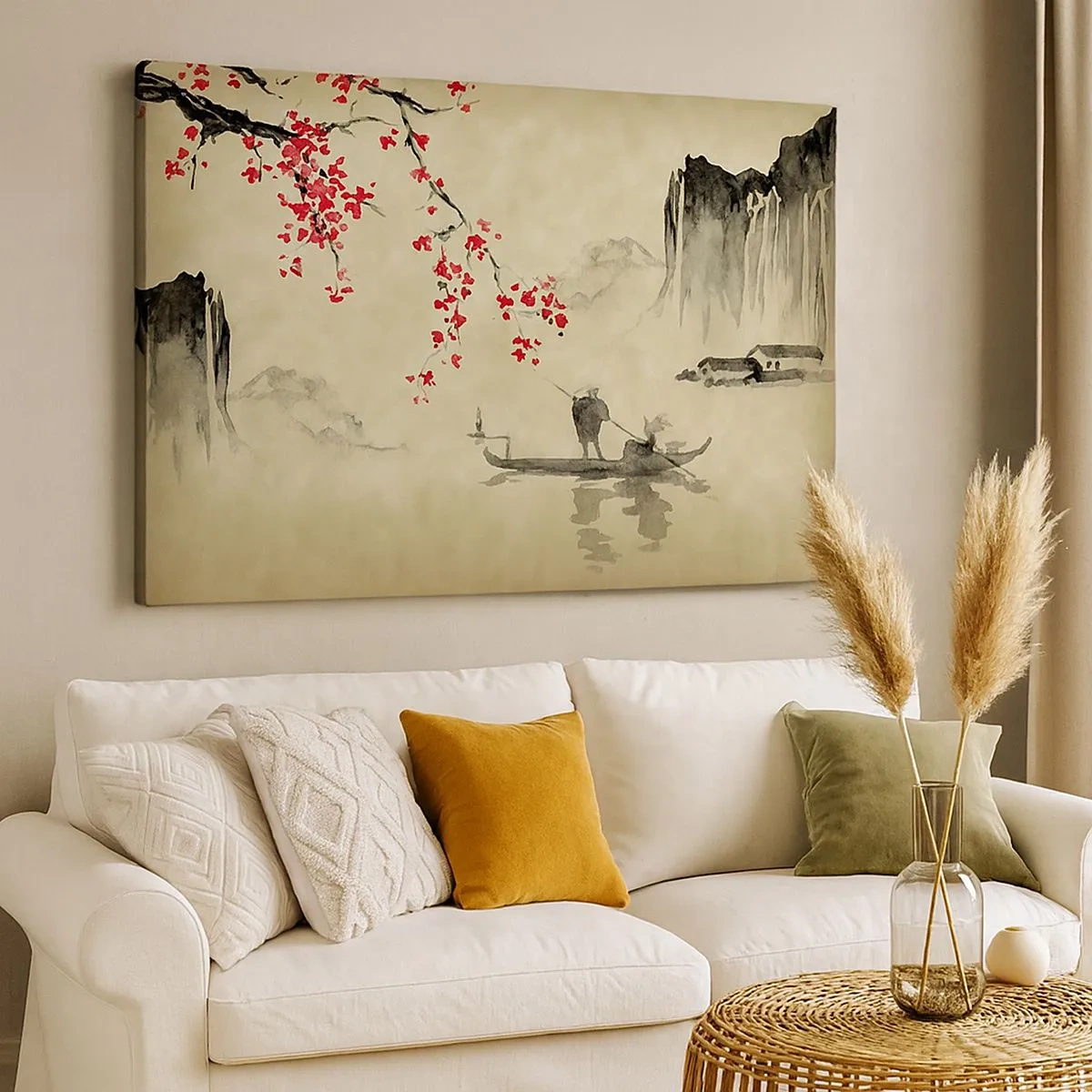 Cuadro sobre lienzo - Impresión de Imagen - Ilustración oriental con un barco y una rama floreciente. - 70x50cm - En el país de los cerezos en flor - Decoración de pared moderna para salón y dormitorio ARTTOR