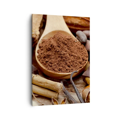 Cuadro sobre lienzo - Impresión de Imagen - Una cucharada de ingredientes de cacao y chocolate en un arreglo rústico. - 50x70cm - Lo mejor para las penas - Decoración de pared moderna para salón y dormitorio ARTTOR