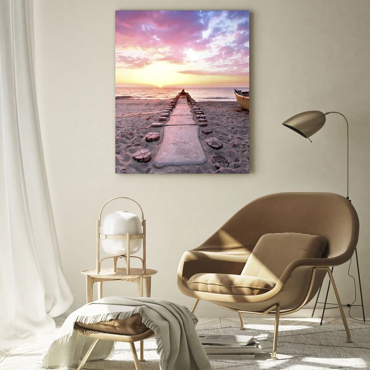 Cuadro sobre vidrio - Impresiones sobre Vidrio - Playa al amanecer con barco y muelle - 80x120cm - Un momento de profunda experiencia - Decoración de pared moderna para salón y dormitorio ARTTOR