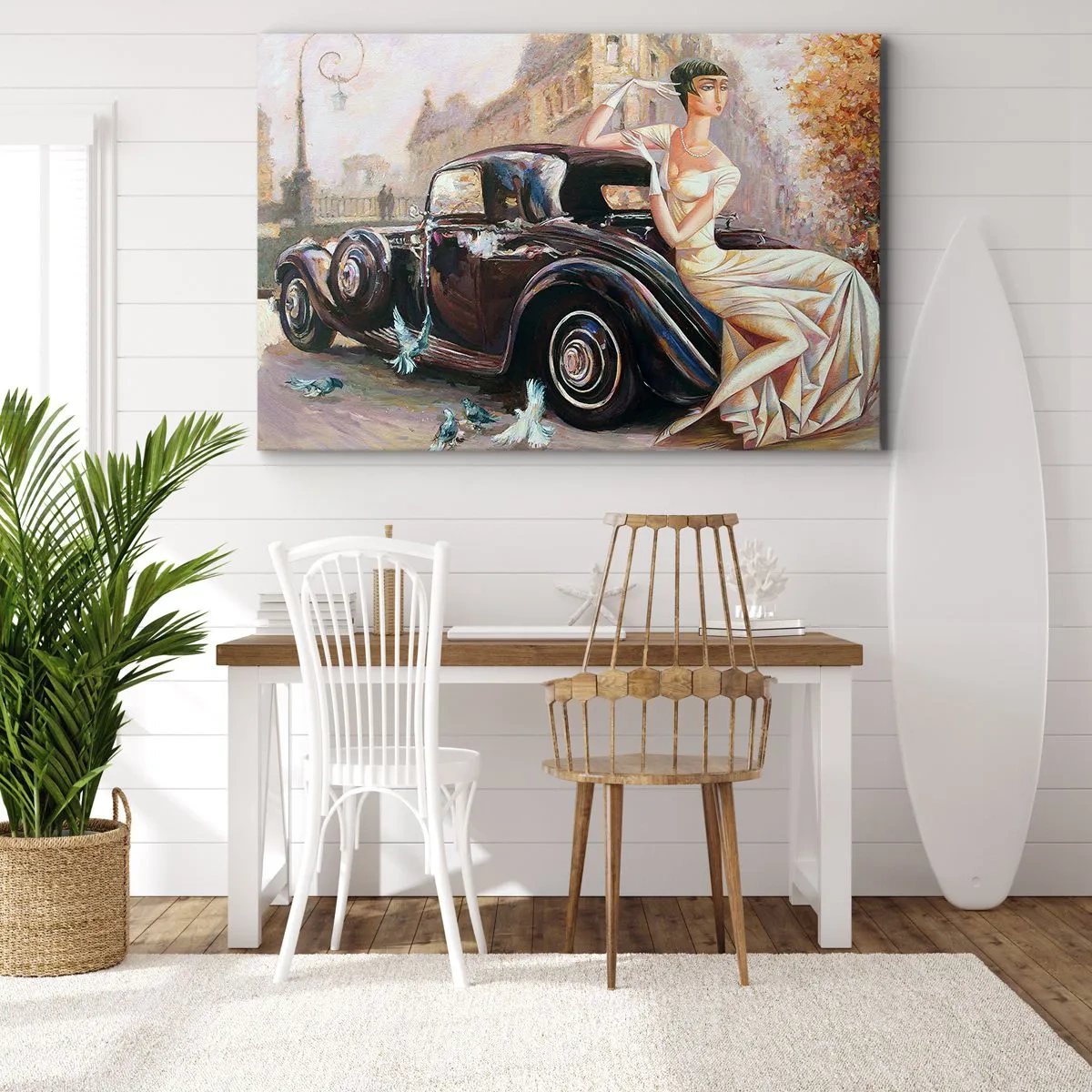 Cuadro sobre lienzo - Impresión de Imagen - Mujer retro junto a un coche clásico - 70x50cm - Elegancia retro - Decoración de pared moderna para salón y dormitorio ARTTOR