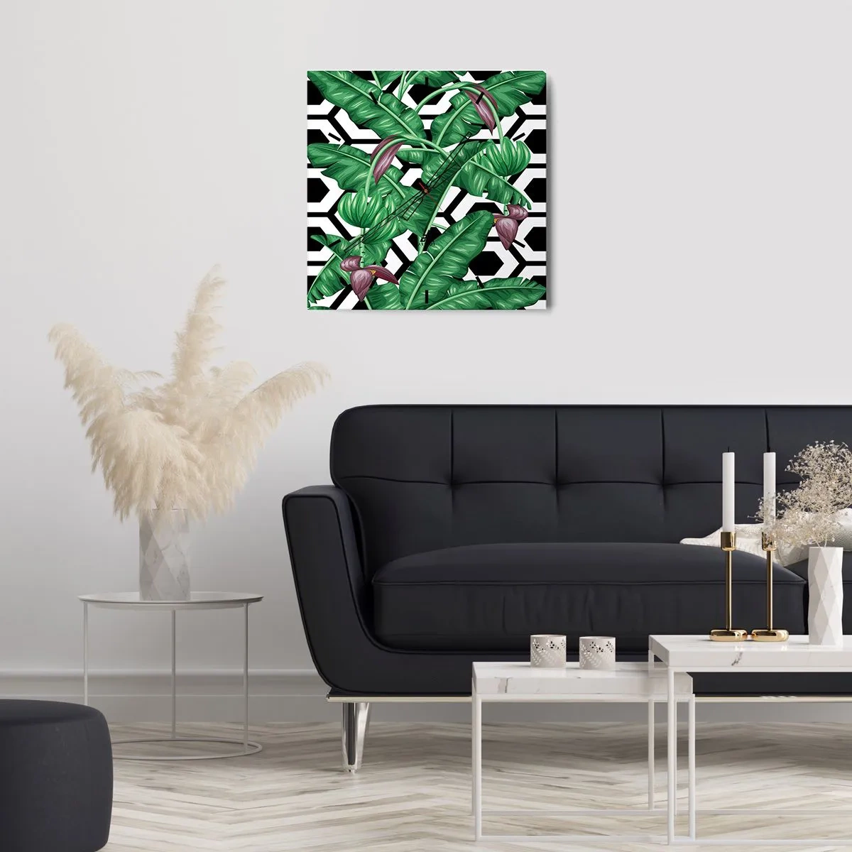 Reloj de pared - Reloj de vidrio - Hojas tropicales sobre un fondo geométrico. - 30x30cm - Composición simétrica de la naturaleza - Decoración de pared moderna para salón y dormitorio ARTTOR