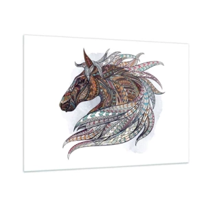 Cuadro sobre vidrio - Impresiones sobre Vidrio - Caballo colorido en estilo artístico con patrones geométricos. - 100x70cm - El corcel de un guerrero celta - Decoración de pared moderna para salón y dormitorio ARTTOR