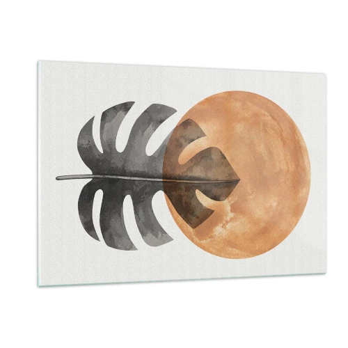 Cuadro sobre vidrio - Impresiones sobre Vidrio - Hoja de monstera y círculo naranja en estilo gráfico sobre fondo blanco. - 120x80cm - Siempre el sol - Decoración de pared moderna para salón y dormitorio ARTTOR