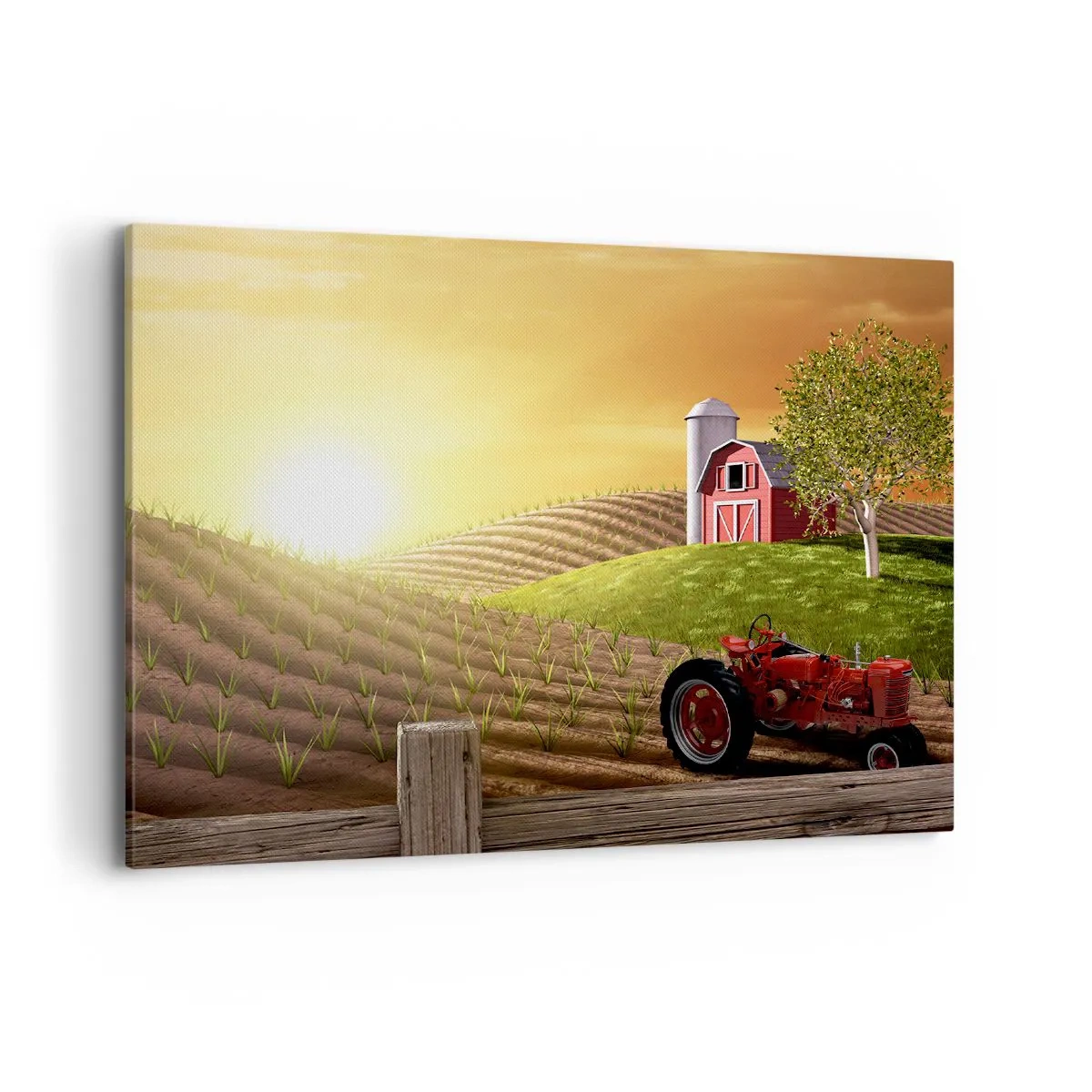 Cuadro sobre lienzo - Impresión de Imagen - Paisaje rural con un granero rojo, un tractor y el amanecer. - 100x70cm - Una granja como un cuento de hadas - Decoración de pared moderna para salón y dormitorio ARTTOR