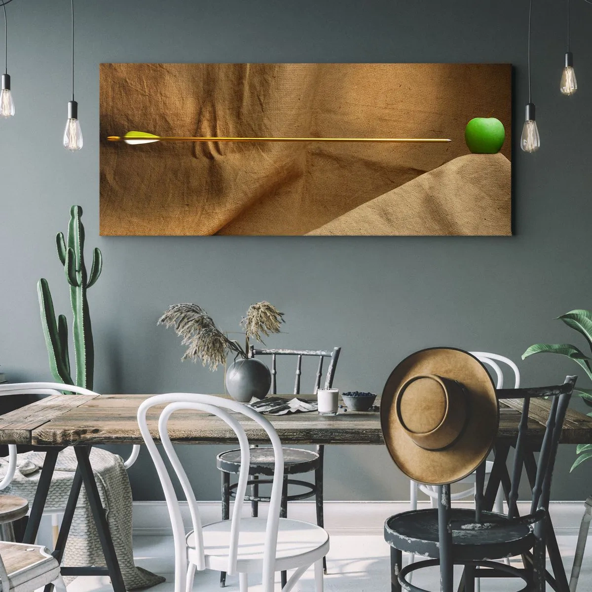 Cuadro sobre lienzo - Impresión de Imagen - Manzana verde sobre tela con una flecha creando una composición - 120x50cm - Evocar el espíritu de Wilhelm Tell - Decoración de pared moderna para salón y dormitorio ARTTOR
