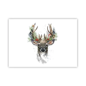 Póster - Ciervo estilizado con astas decorativas sobre un fondo blanco. - 100x70cm - Con vestimenta festiva - Decoración de pared moderna para salón y dormitorio ARTTOR