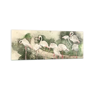 Cuadro sobre vidrio - Impresiones sobre Vidrio - Flamencos en su entorno natural en estilo acuarela. - 140x50cm - Un sueño exótico - Decoración de pared moderna para salón y dormitorio ARTTOR