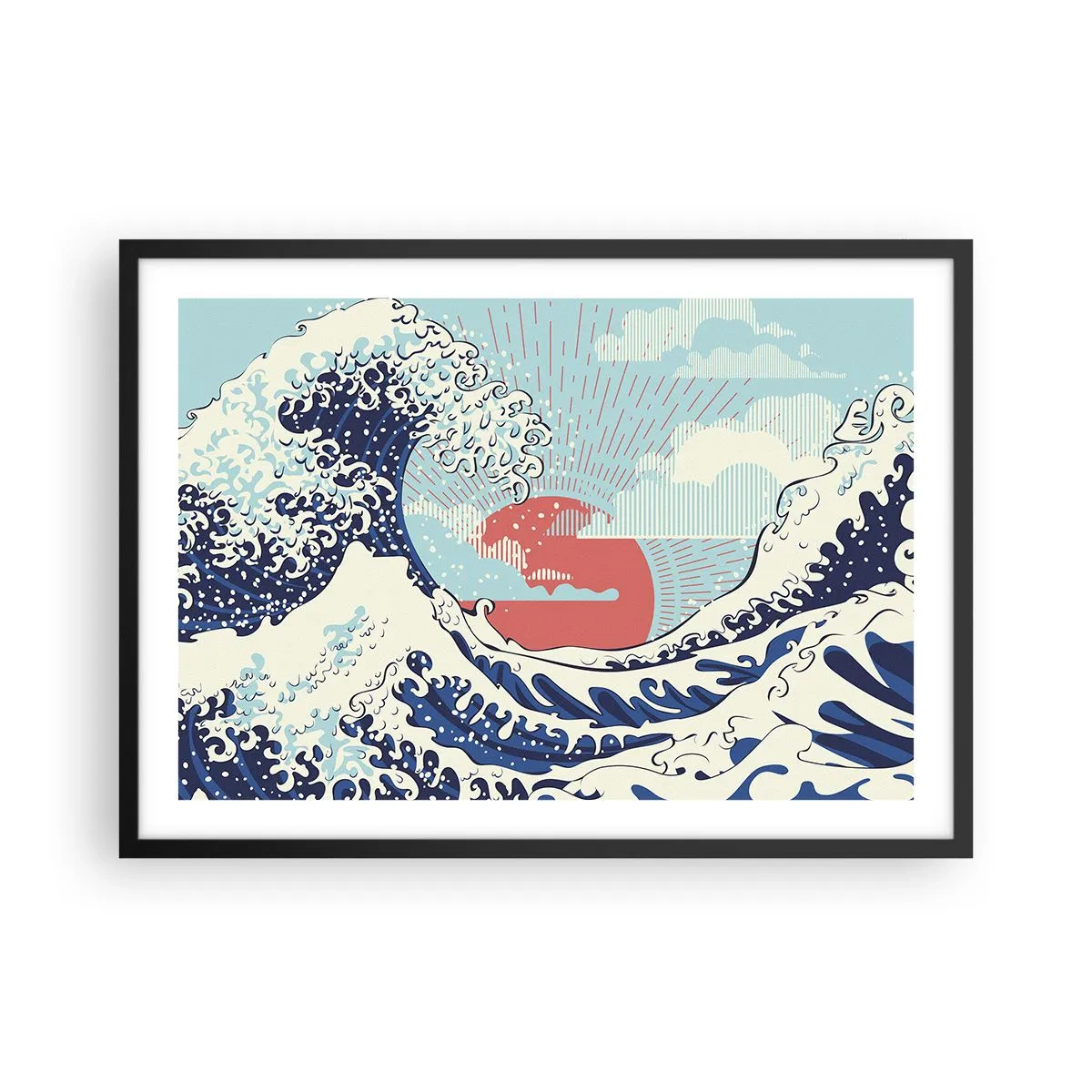 Póster en marco negro - Olas del océano y una puesta de sol al estilo japonés - 70x50cm - De inspiración japonesa - Decoración de pared moderna para salón y dormitorio ARTTOR