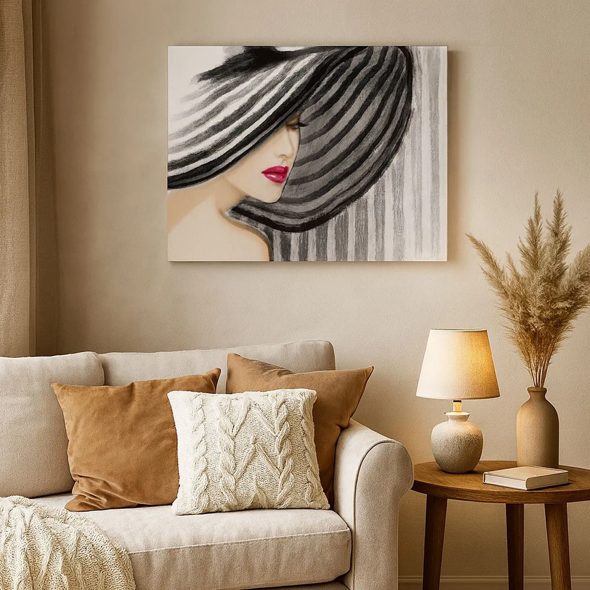 Cuadro sobre lienzo - Impresión de Imagen - Mujer con un sombrero blanco y negro con acento rojo. - 70x50cm - ¿Dónde puedo encontrarte? - Decoración de pared moderna para salón y dormitorio ARTTOR