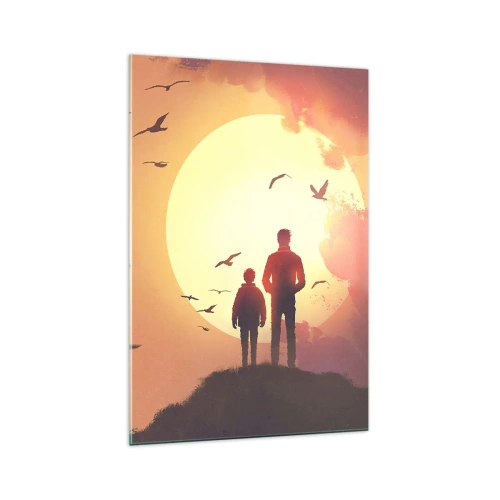 Cuadro sobre vidrio - Impresiones sobre Vidrio - Figuras con el sol poniente como telón de fondo - 70x100cm - Cara a cara con el sol - Decoración de pared moderna para salón y dormitorio ARTTOR