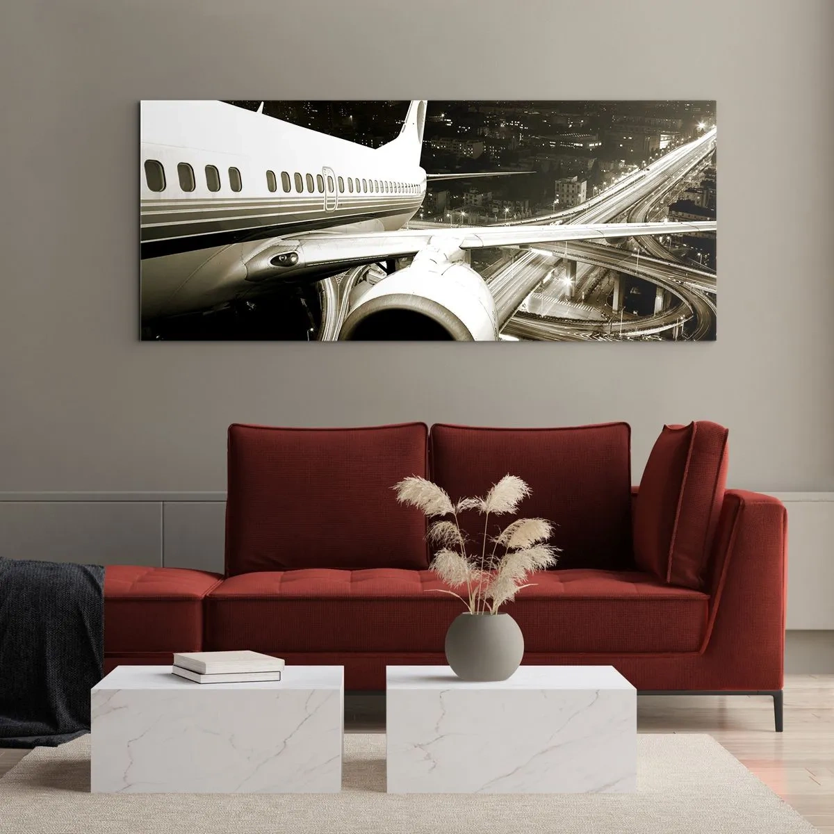 Cuadro sobre vidrio - Impresiones sobre Vidrio - Un avión sobre una ciudad nocturna con carreteras iluminadas. - 160x50cm - Vuela hacia la noche - Decoración de pared moderna para salón y dormitorio ARTTOR