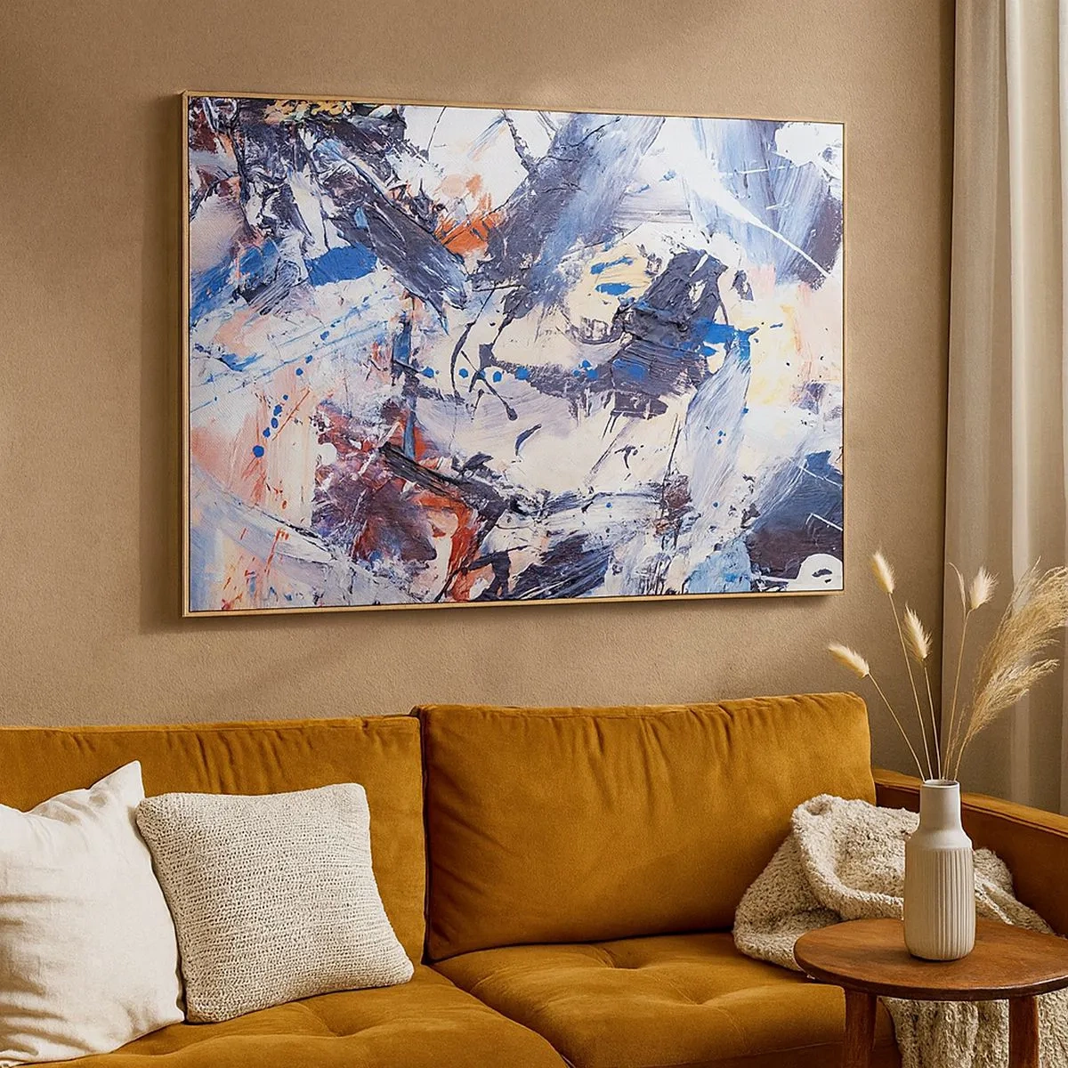 Cuadro sobre lienzo - Impresión de Imagen - Abstracción con pinceladas dinámicas en azul y rojo. - 70x50cm - Danza loca de la abstracción - Decoración de pared moderna para salón y dormitorio ARTTOR