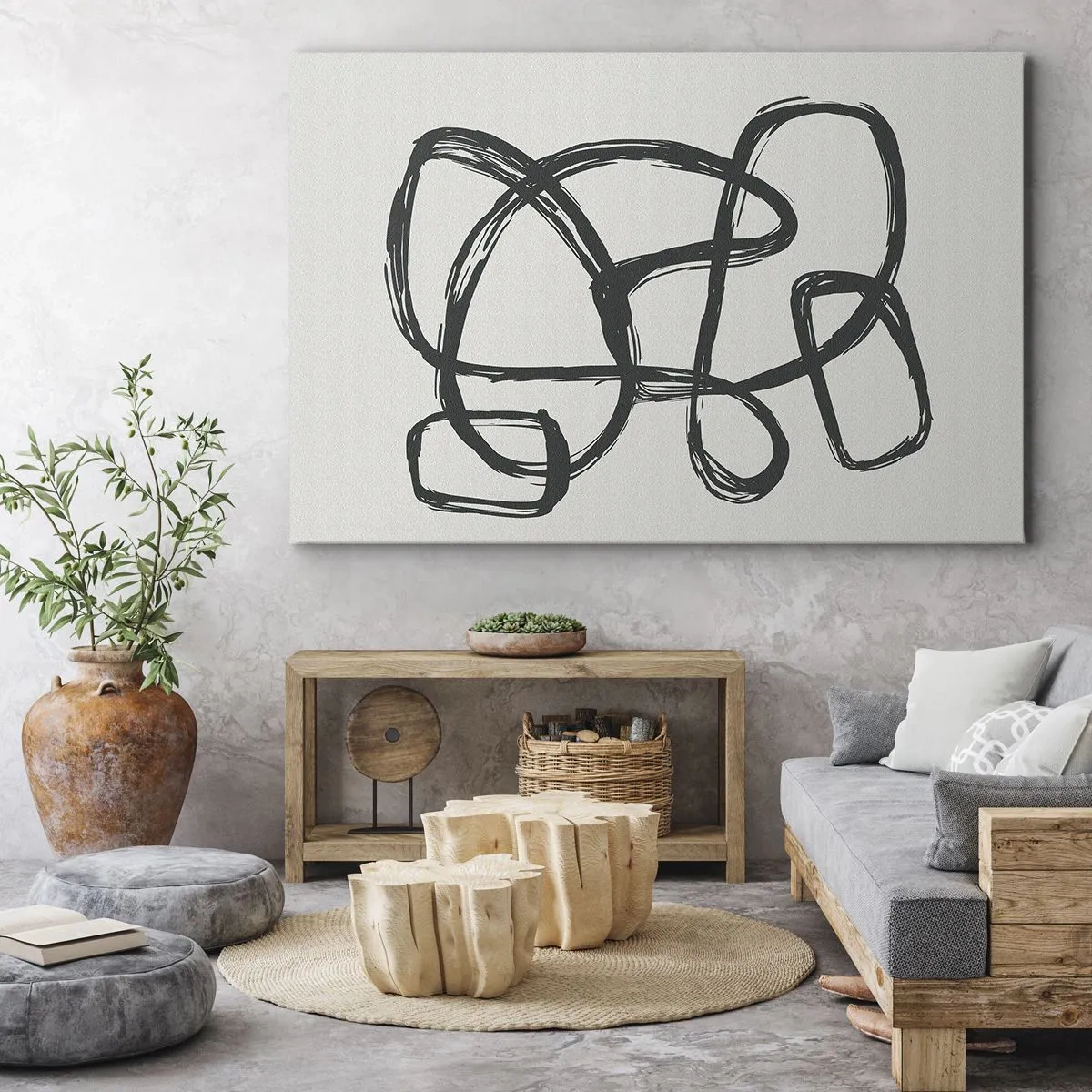 Cuadro sobre lienzo - Impresión de Imagen - Líneas abstractas que crean formas libres sobre un fondo claro - 70x50cm - Abstracción en bucle - Decoración de pared moderna para salón y dormitorio ARTTOR